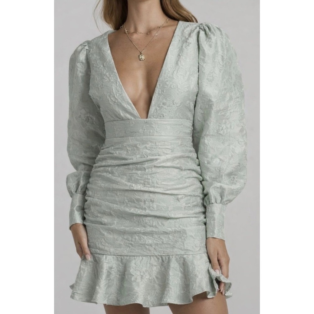 Showpo NWT Baxia Textured Balloon Sleeve Mini Dress sz 8 Silver Blue